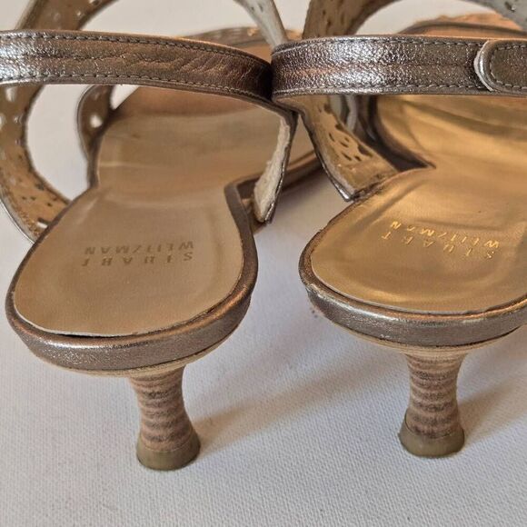 Stuart Weitzman Womens Metallic Leather Kitten Heel Sandal 8.5 - Picture 10 of 11